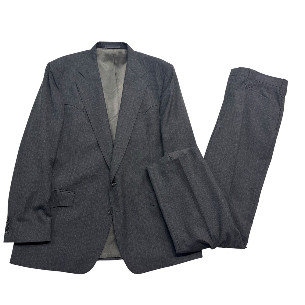 vtg Western 48L 36x32 Gray Pinstripe 2pc Pant Suit USA Made Cowboy Rodeo Mens